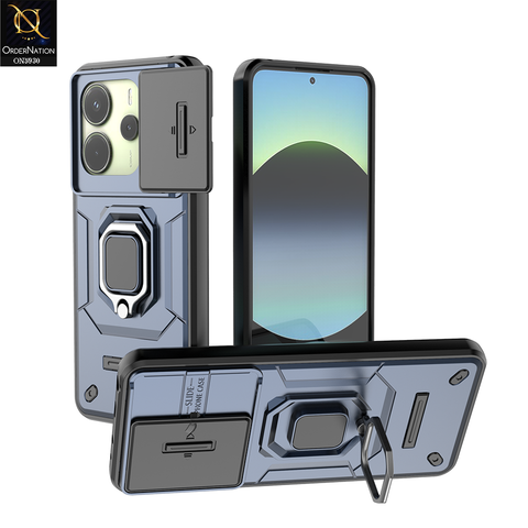 Xiaomi Redmi Note 14 4G Cover - Blue - New High Grade Quality Armor Case With Metal Ring And Kickstand And Sliding Camera Protection