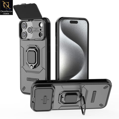 iPhone 17 Pro Max Cover - Black - New High Grade Quality Armor Case With Metal Ring And Kickstand And Sliding Camera Protection