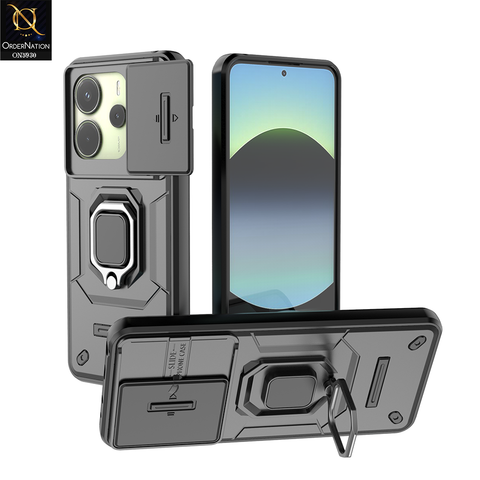 Xiaomi Redmi Note 14 4G Cover - Black - New High Grade Quality Armor Case With Metal Ring And Kickstand And Sliding Camera Protection
