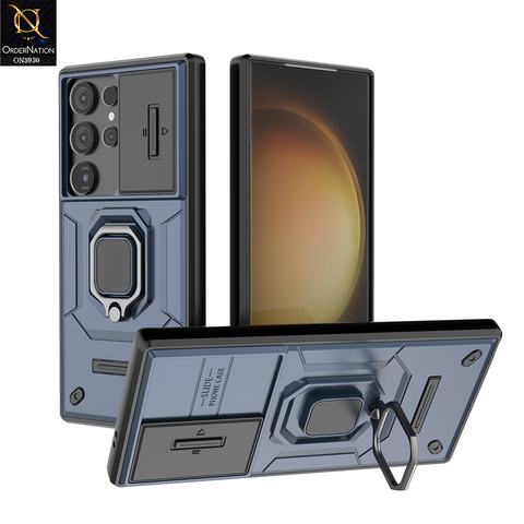 Samsung Galaxy S24 Ultra Cover - Blue - New High Grade Quality Armor Case With Metal Ring And Kickstand And Sliding Camera Protection