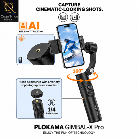 PLOKAMA Gimbal-X5 Pro 3-Axis Phone Gimbal with Face Tracking, Gesture Control, 4K Support & 2200mAh Battery