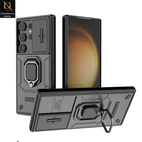Samsung Galaxy S24 Ultra Cover - Black - New High Grade Quality Armor Case With Metal Ring And Kickstand And Sliding Camera Protection