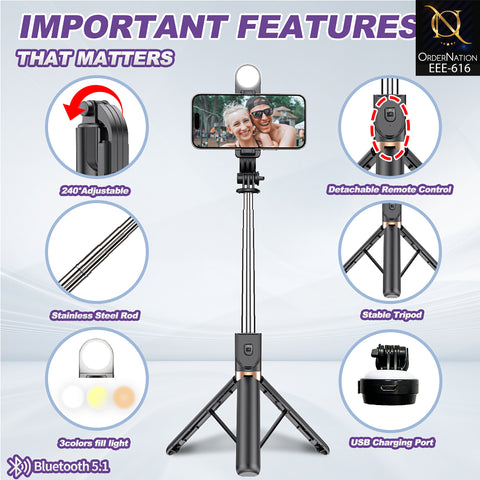 PLOKAMA LIVE-K8 1.3M LED Selfie Stick Tripod with Bluetooth Remote, 360° Rotation & Phone Holder