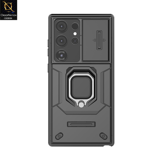 Samsung Galaxy S24 Ultra Cover - Black - New High Grade Quality Armor Case With Metal Ring And Kickstand And Sliding Camera Protection