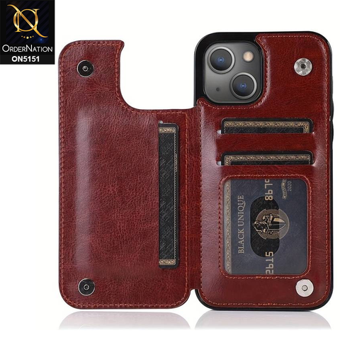 iPhone 14 Cover - Brown - Luxury PU Leather Card Holder Wallet Soft Case