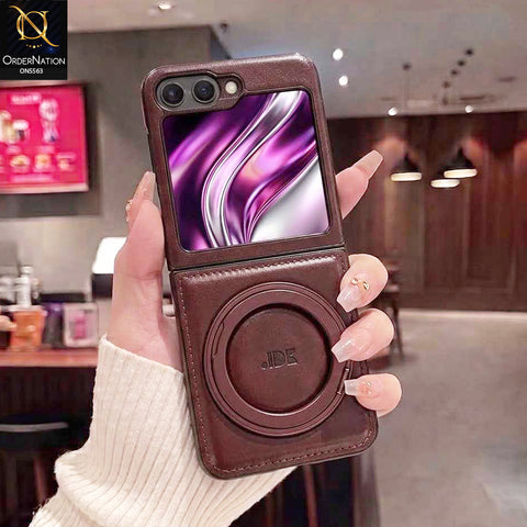 Samsung Galaxy Z Flip 5 Cover - Coffee - New Jinduka Premium Leather Case With Metal Kick Stand And Wireless Charging Option