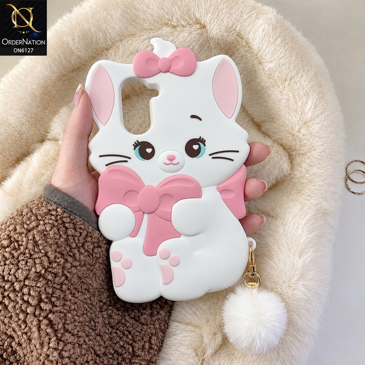 Vivo Y03 Cover - White - Premium 3D Cartoon Character Soft Silicone Mobile Cover with Cute Pink Bow & Pom Pom Tail