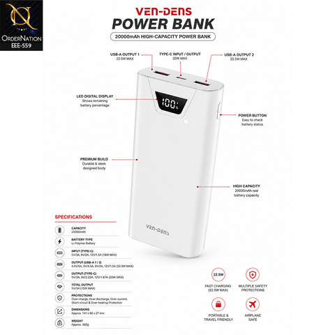 VEN-DENS VD-PB044 20000mAh Fast Charging Power Bank 22.5W Digital Display Portable Power Bank