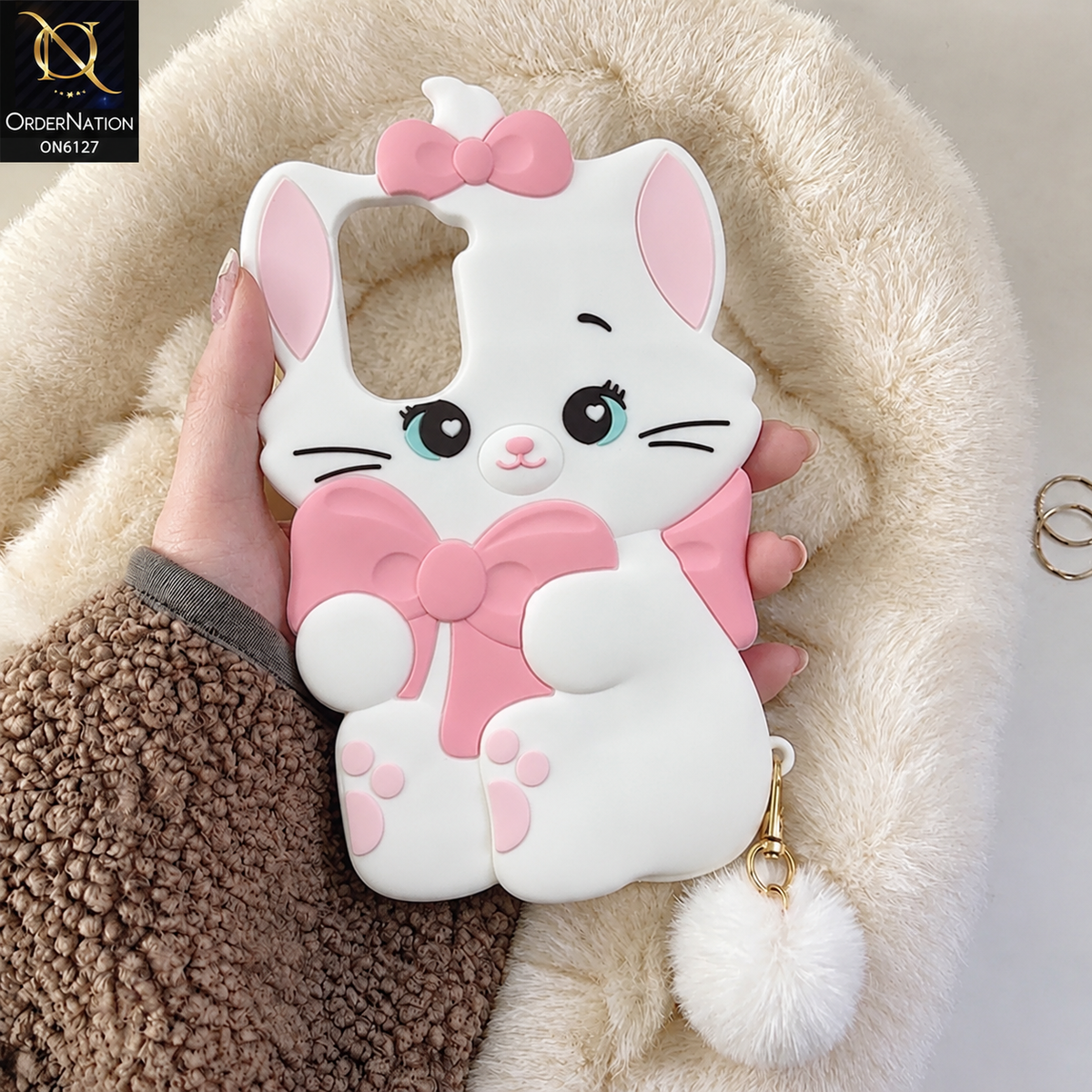 Infinix Hot 70 Cover - White - Premium 3D Cartoon Character Soft Silicone Mobile Cover with Cute Pink Bow & Pom Pom Tail