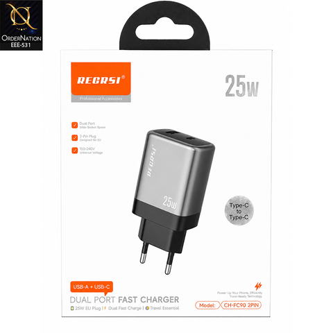 RECRSI 25W Dual Port Fast Charger with USB-A & USB-C and Charging Cable – Model CH-FC90