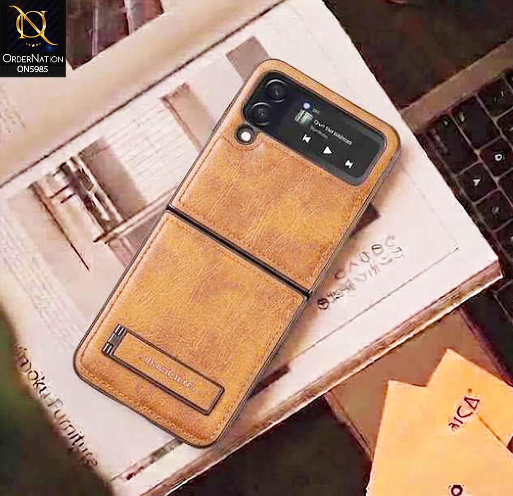 Samsung Galaxy Z Flip 4 5G Cover - Brown - New JINDUKA Luxury Metallic Frame Leather Protective Case With Kickstand
