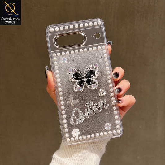 Google Pixel 6a Cover - Black - Shiny Glitter Pearl Border Phone Case with Premium 3D Rhinestone Crown Style Back Cover