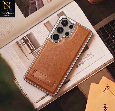 Samsung Galaxy S26 Ultra Cover - Brown - New JINDUKA Luxury Metallic Frame Leather Protective Case With Kickstand