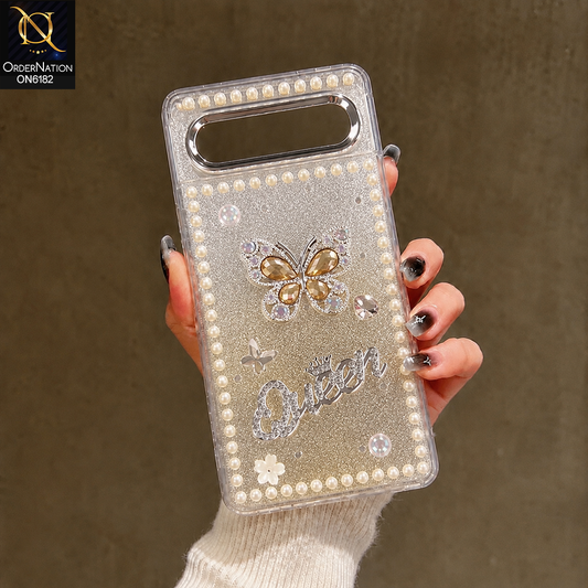 Google Pixel 6 Cover - Yellow - Shiny Glitter Pearl Border Phone Case with Premium 3D Rhinestone Crown Style Back Cover