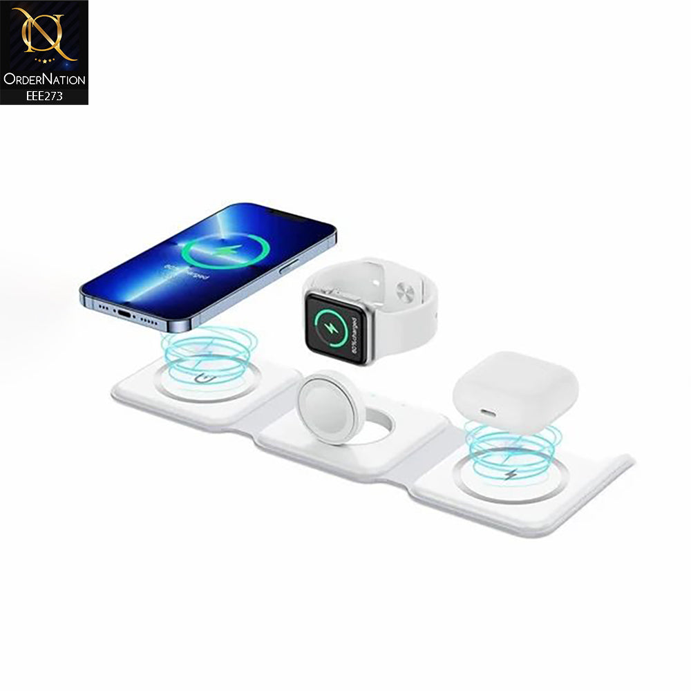 Wireless Charger, Magnetic Foldable 3 in 1 Mag-Safe Charger, Fast Travel Wireless Charging Station for iPhone - White