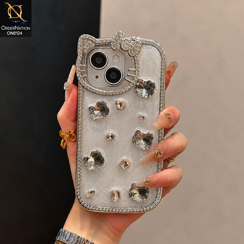 iPhone 13 Cover - White - Premium Sparkling Crystal Rhinestone Cute Bow Design with Pearl and Glitter Back phone case