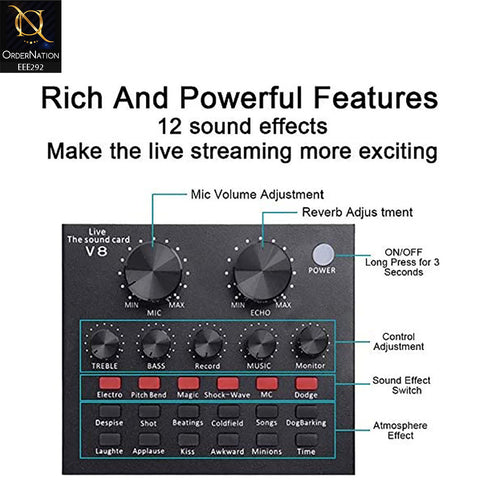 V8 Podcast Mic Set With Live Sound Card,Condenser Microphone With Rechargeable 12 Kinds Of Auxiliary Background For Karaoke Singing, Youtube Recording Mic - Black