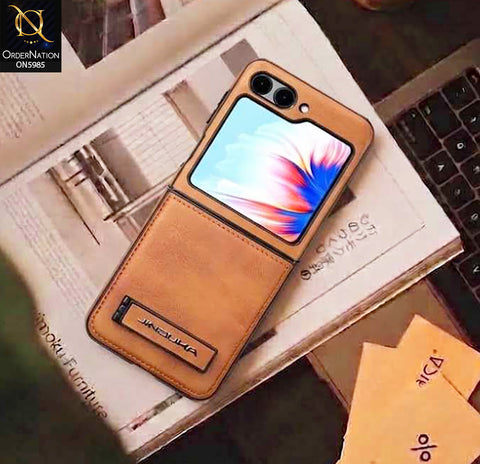 Samsung Galaxy Z Flip 6 Cover - Brown - New JINDUKA Luxury Metallic Frame Leather Protective Case With Kickstand