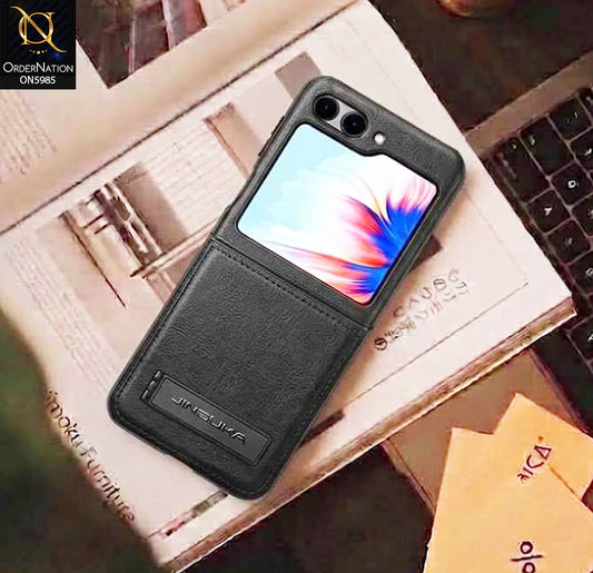 Samsung Galaxy Z Flip 6 Cover - Black - New JINDUKA Luxury Metallic Frame Leather Protective Case With Kickstand