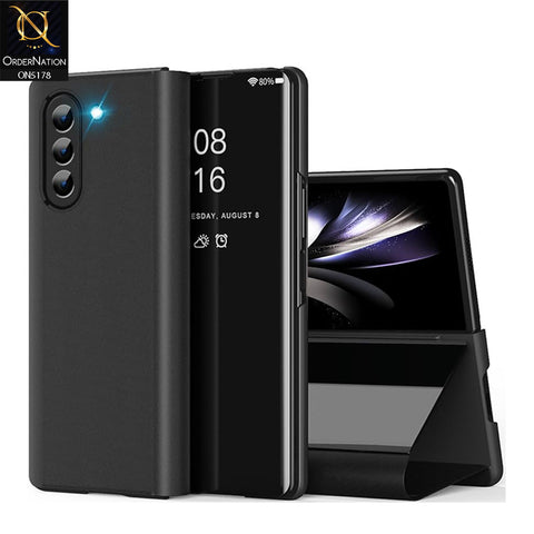 Samsung Galaxy Z Fold 6 5G Cover - Black - Luxury Mirror View QR Flip Book Case