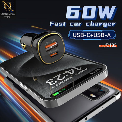Ldnio C103 60W PD QC Super Fast Car Charger With C to C Cable – Black