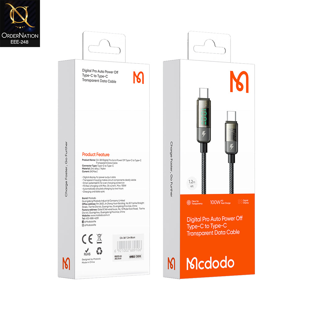 Mcdodo 100W USB-C to USB-C Digital Pro Auto Power Off Transparent Data Cable (1.2m)