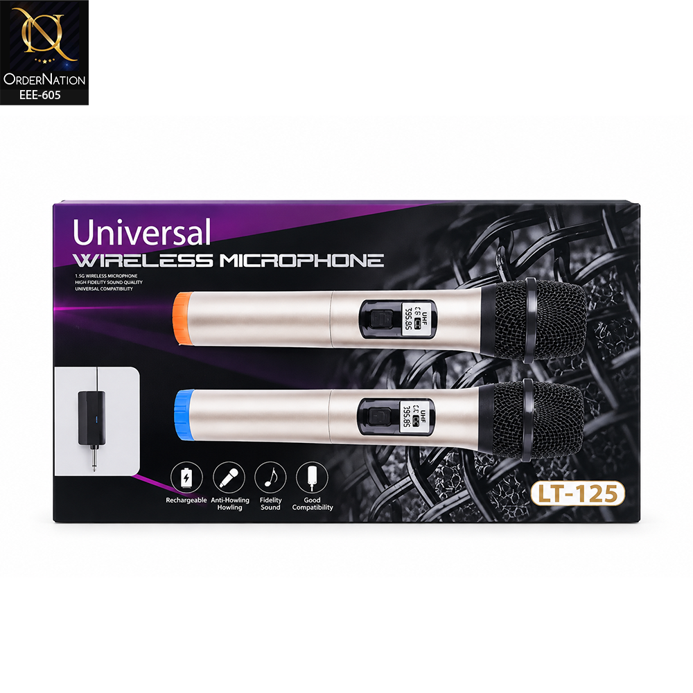 LT-125 Dual UHF Wireless Handheld Microphone System with Rechargeable Receiver for Karaoke, PA & Events - Golden