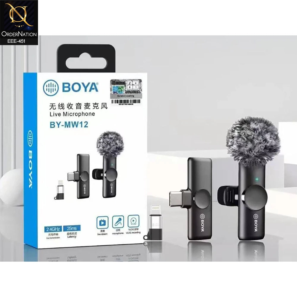 BOYA BY-MW12 Wireless Live Microphone for Vlogging, Streaming & Content Creation With Type C & Lightning Adapter