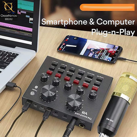 V8 Podcast Mic Set With Live Sound Card,Condenser Microphone With Rechargeable 12 Kinds Of Auxiliary Background For Karaoke Singing, Youtube Recording Mic - Black