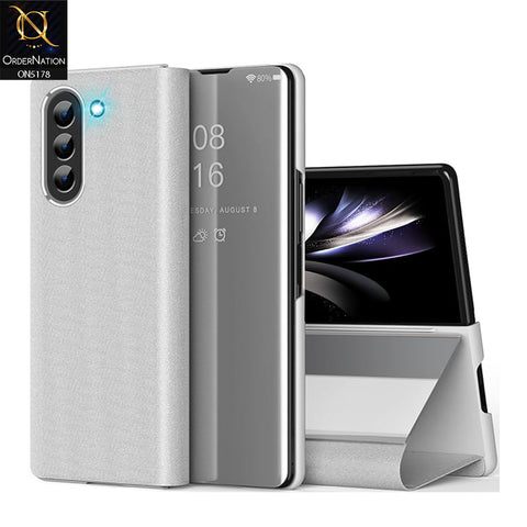 Samsung Galaxy Z Fold 6 5G Cover - Silver - Luxury Mirror View QR Flip Book Case