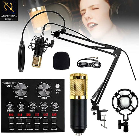 V8 Podcast Mic Set With Live Sound Card,Condenser Microphone With Rechargeable 12 Kinds Of Auxiliary Background For Karaoke Singing, Youtube Recording Mic - Black