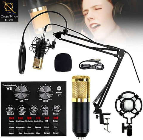 V8 Podcast Mic Set With Live Sound Card,Condenser Microphone With Rechargeable 12 Kinds Of Auxiliary Background For Karaoke Singing, Youtube Recording Mic - Black