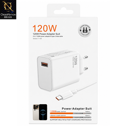 120W Fast Charging Power Adapter with Type-C Data Cable – Model Y-99