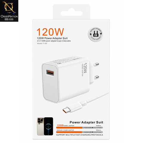 120W Fast Charging Power Adapter with Type-C Data Cable – Model Y-99