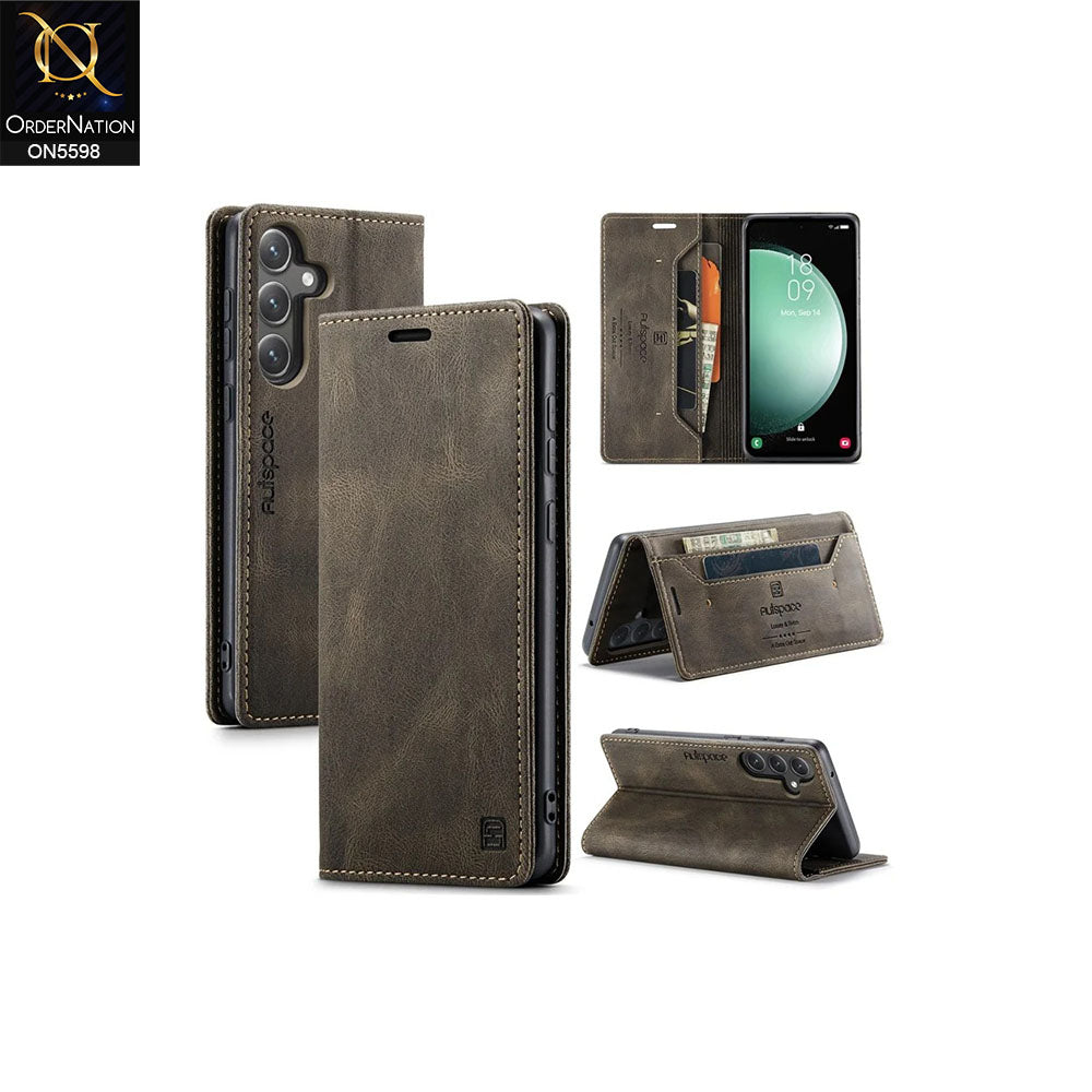 Samsung Galaxy S24 FE Cover - Brown -  AutSpace Soft Slim Folio Flip PU Leather RFID Blocking Wallet Case with 2 Cards Slot