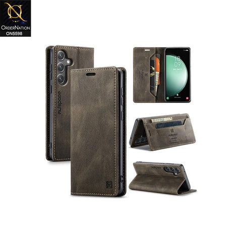 Samsung Galaxy S24 FE Cover - Brown -  AutSpace Soft Slim Folio Flip PU Leather RFID Blocking Wallet Case with 2 Cards Slot
