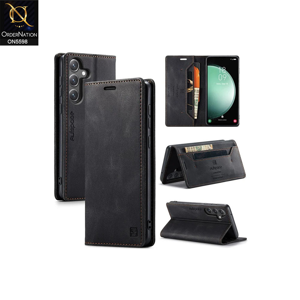 Samsung Galaxy S24 FE Cover - Black -  AutSpace Soft Slim Folio Flip PU Leather RFID Blocking Wallet Case with 2 Cards Slot