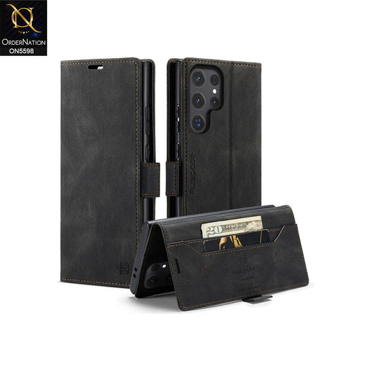 Samsung Galaxy S25 Ultra Cover - Black -  AutSpace Soft Slim Folio Flip PU Leather RFID Blocking Wallet Case with 2 Cards Slot