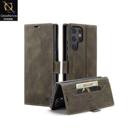 Samsung Galaxy S25 Ultra Cover - Brown -  AutSpace Soft Slim Folio Flip PU Leather RFID Blocking Wallet Case with 2 Cards Slot
