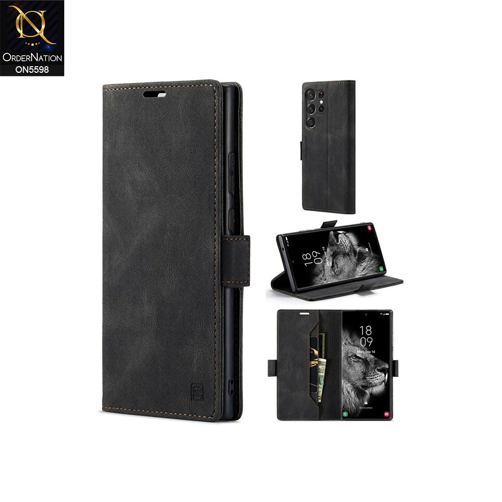 Samsung Galaxy S24 Ultra Cover - Black -  AutSpace Soft Slim Folio Flip PU Leather RFID Blocking Wallet Case with 2 Cards Slot