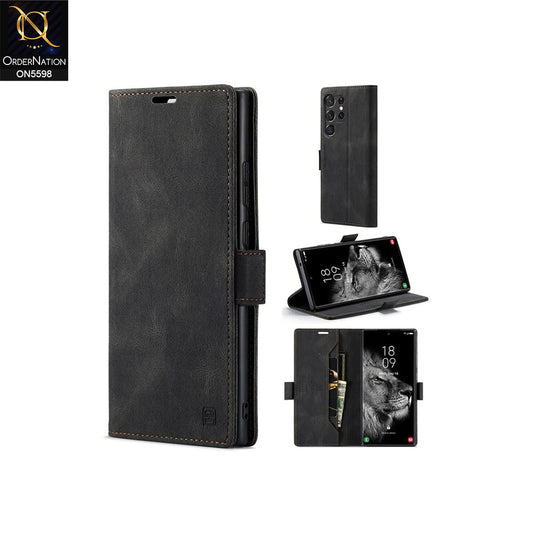 Samsung Galaxy S23 Ultra Cover - Black -  AutSpace Soft Slim Folio Flip PU Leather RFID Blocking Wallet Case with 2 Cards Slot