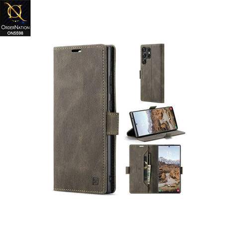 Samsung Galaxy S23 Ultra Cover - Brown -  AutSpace Soft Slim Folio Flip PU Leather RFID Blocking Wallet Case with 2 Cards Slot