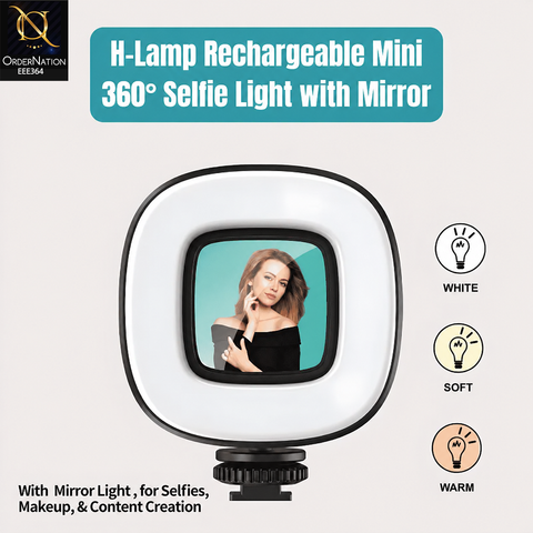 H Lamp Rechargeable Mini 360° Selfie Light with Mirror – Portable LED Fill Light for Tripod, Selfie Stick, Photography & Vlogging
