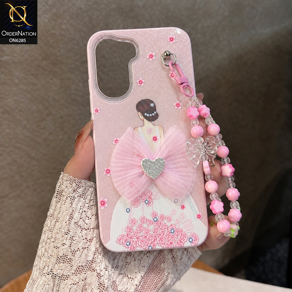 Infinix Hot 70 Cover - Pink - Cute Glitter Phone Case with 3D Tulle Bow and Pearl Bead Chain
