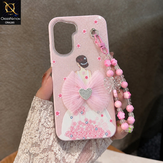 Infinix Hot 70 Cover - Pink - Cute Glitter Phone Case with 3D Tulle Bow and Pearl Bead Chain
