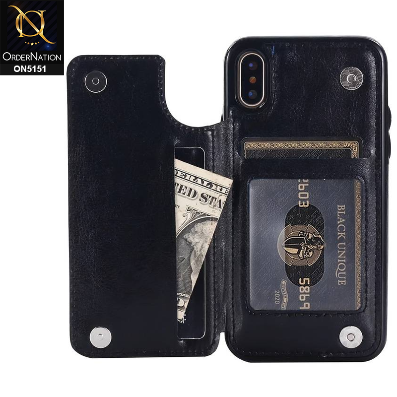 iPhone XS / X Cover - Black - Luxury PU Leather Card Holder Wallet Soft Case