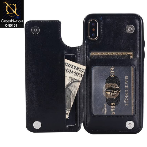 iPhone XS / X Cover - Black - Luxury PU Leather Card Holder Wallet Soft Case