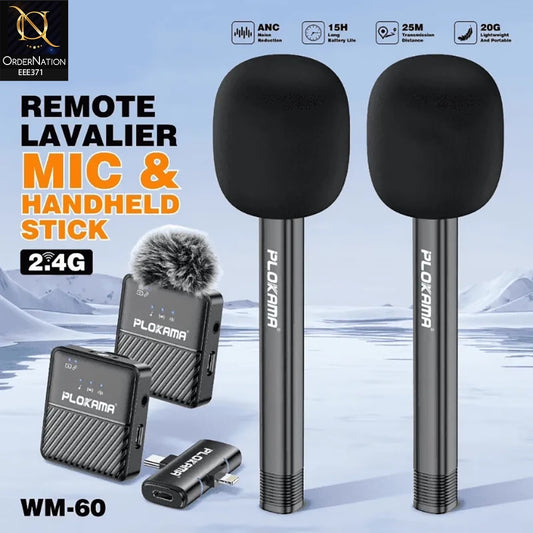 PLOKAMA WM-60 Wireless Mic ANC Noise Cancelling Handheld + Clip-On for iPhone Android Vlogging