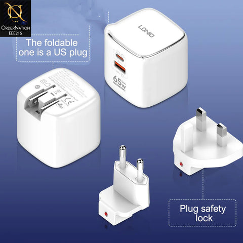 LDNIO Q2617 65W Gan Super Fast Charger – Type – C + Type – A Cable EU Plug - White