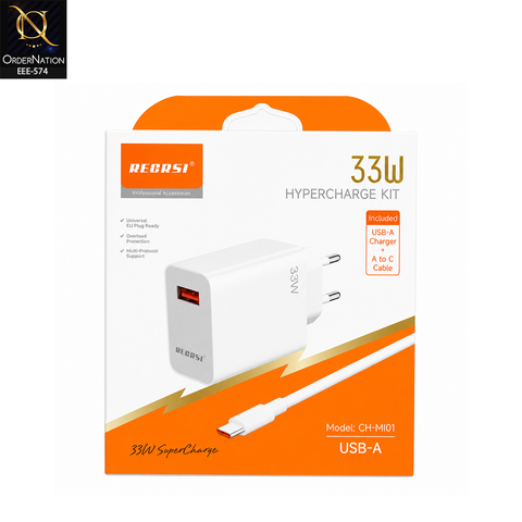 RECRSI 33W HyperCharge USB-A Fast Charger with A to C Cable – Model CH-FA87
